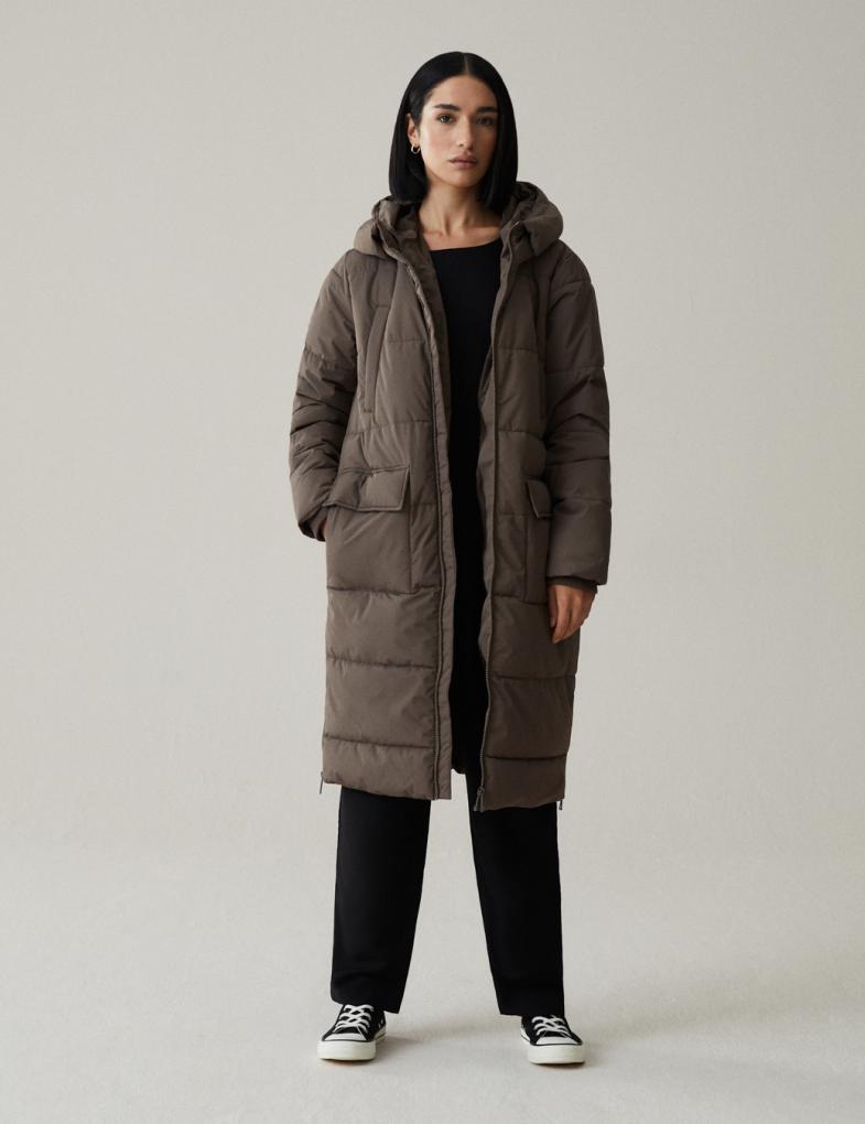 Жіноча утеплена куртка з довгим кроєм хакі