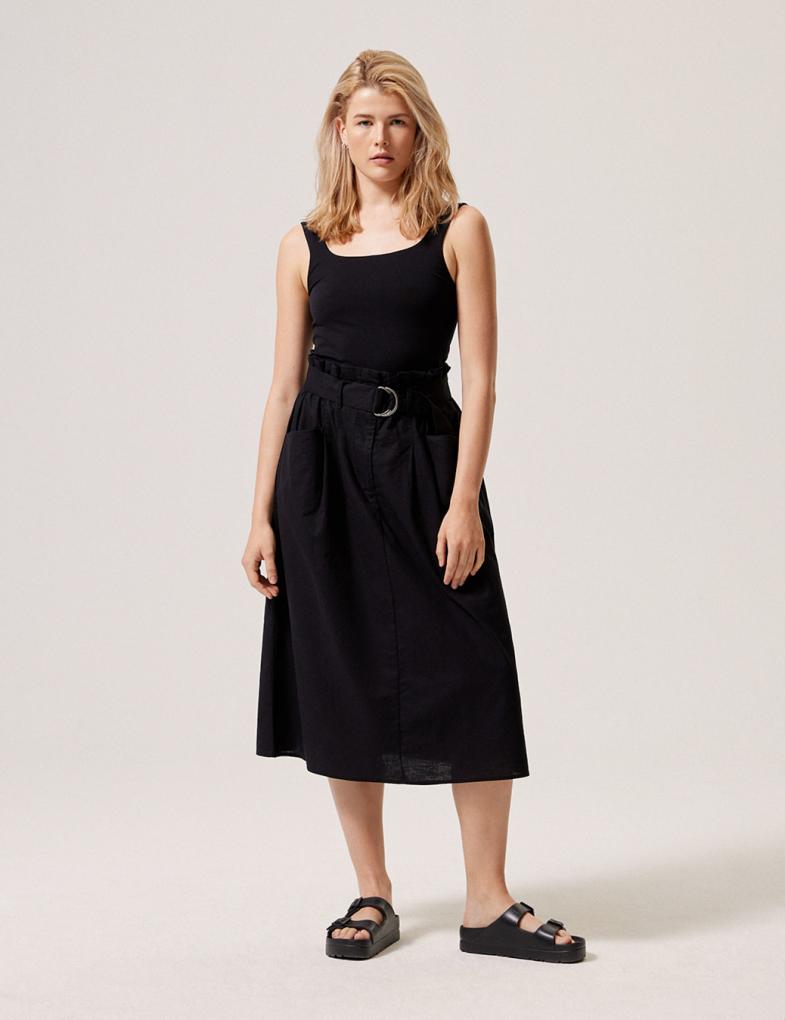 Жіноча спідниця з кишенями та поясом з льону та бавовни чорна - Зображення 4