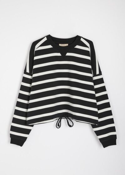 Світшот жіночий KRISTINE в смужку із зав'язкою молочно-чорний